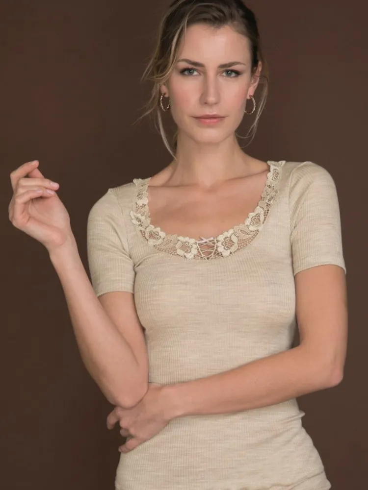 Wolle-Seide Tops|Tops Mit Spitze^Artimaglia Merinowolle-Seide T-SHIRT mit Spitze von schwarz oder beige