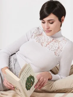 Shirt Mit Spitze|Wolle-Seide Shirts^Oscalito Merinowolle-Seide TURTLENECK SHIRT Leavers Spitze von silber