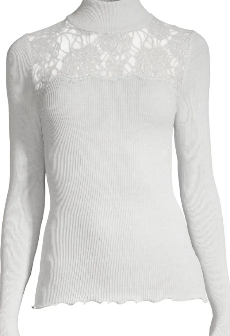 Shirt Mit Spitze|Wolle-Seide Shirts^Oscalito Merinowolle-Seide TURTLENECK SHIRT Leavers Spitze von silber