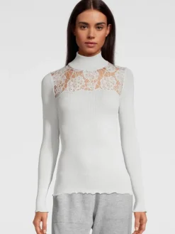 Shirt Mit Spitze|Wolle-Seide Shirts^Oscalito Merinowolle-Seide TURTLENECK SHIRT Leavers Spitze von silber