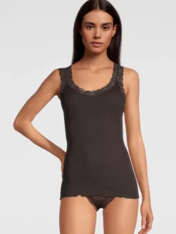 Wolle-Seide Tops|Tops Mit Spitze^Oscalito Merinowolle-Seide Unterhemd gerippt mit Calais Spitze von