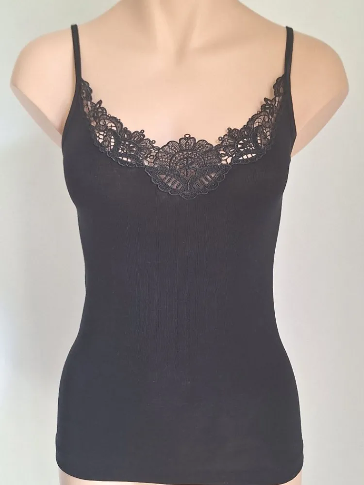 Wolle-Seide Tops|Spaghettiträger Tops^Artimaglia Merinowolle-Seide Unterhemd glatt mit Spitze von