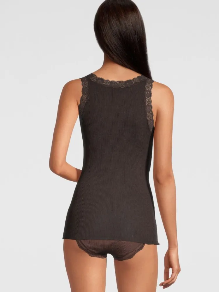 Wolle-Seide Tops|Tops Mit Spitze^Oscalito Merinowolle-Seide Unterhemd gerippt mit Calais Spitze Basic von