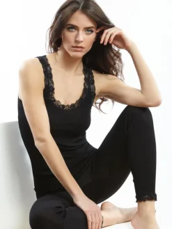 Wolle-Seide Tops|Tops Mit Spitze^Oscalito Merinowolle-Seide Unterhemd gerippt mit Spitze Basic von