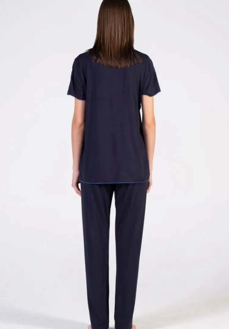 Feine Pyjamas^Verdiani Modal Kurzarm-Schlafanzug BLU dunkelblau von dunkelblau mit Spitze