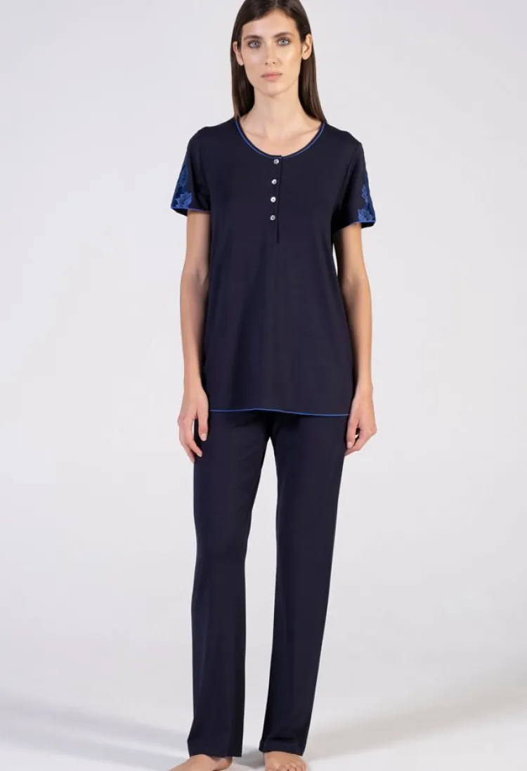 Feine Pyjamas^Verdiani Modal Kurzarm-Schlafanzug BLU dunkelblau von dunkelblau mit Spitze