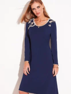 Edle Nachthemden^Chiara Fiorini Modal Langarm Nachthemd BLU No. 3 dunkelblau von blau mit Spitze