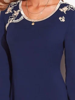 Edle Nachthemden^Chiara Fiorini Modal Langarm Nachthemd BLU No. 3 dunkelblau von blau mit Spitze