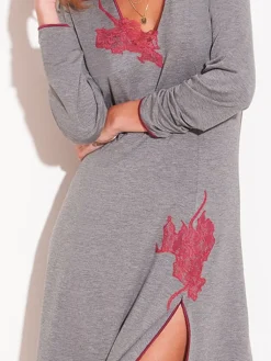 Edle Nachthemden^Chiara Fiorini Modal Langarm Nachthemd FUMO mittelgrau von grau meliert mit Spitze