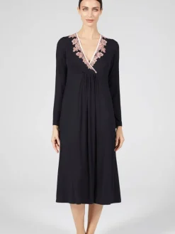 Edle Nachthemden^Verdiani Modal Langarm Nachtkleid wadenlang schwarz-rosa von schwarz mit rosa Spitze