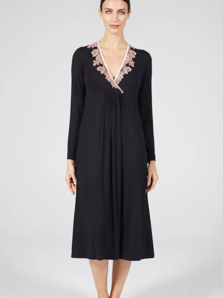 Edle Nachthemden^Verdiani Modal Langarm Nachtkleid wadenlang schwarz-rosa von schwarz mit rosa Spitze