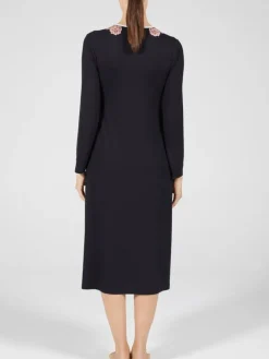 Edle Nachthemden^Verdiani Modal Langarm Nachtkleid wadenlang schwarz-rosa von schwarz mit rosa Spitze