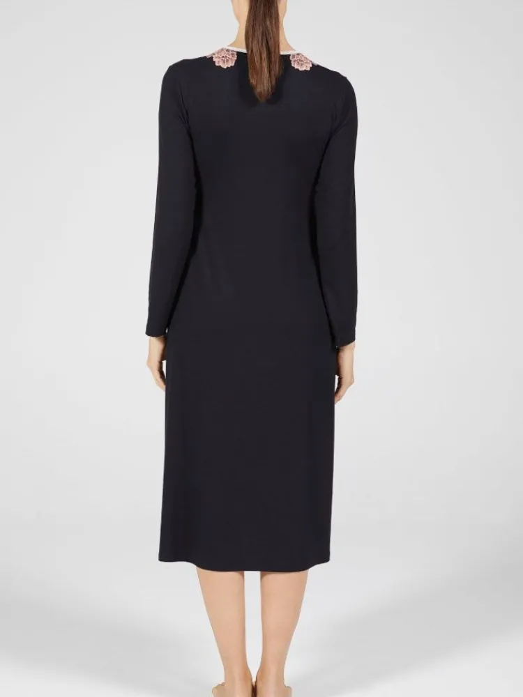 Edle Nachthemden^Verdiani Modal Langarm Nachtkleid wadenlang schwarz-rosa von schwarz mit rosa Spitze