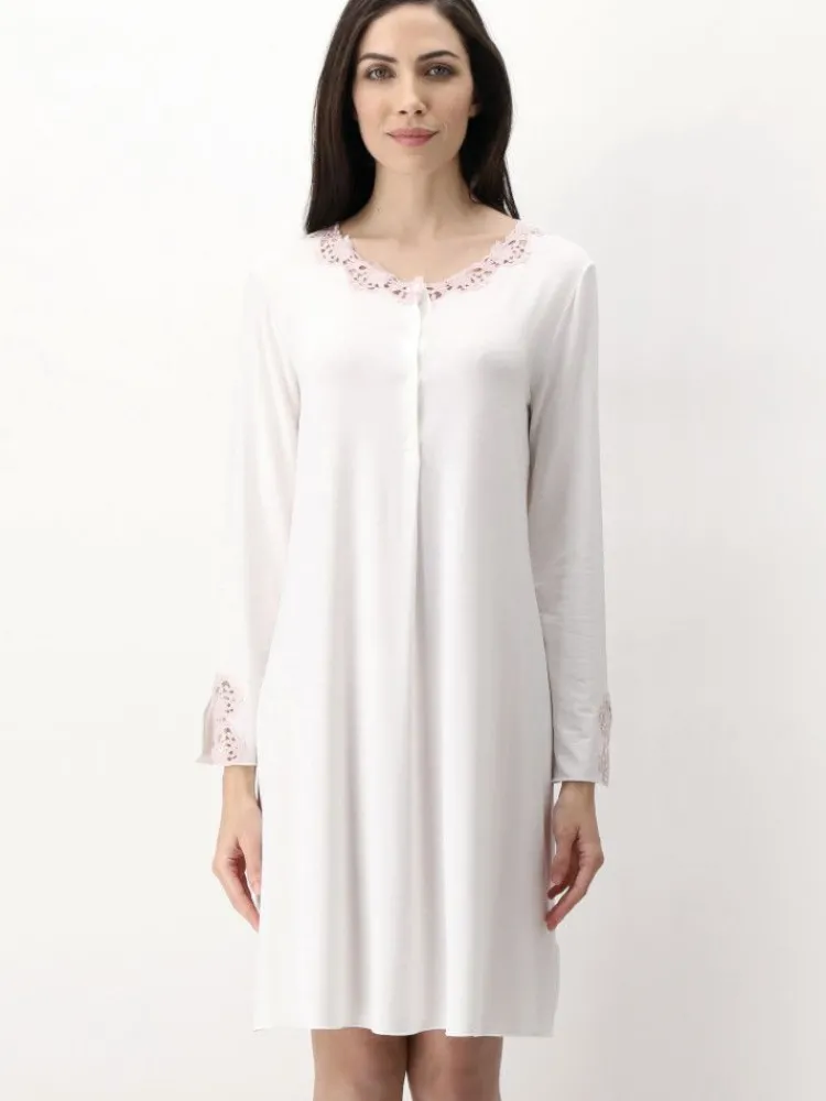 Edle Nachthemden^Luna di Seta Modal Langarm Nachtkleid MACRAMÉ MODAL cremeweiß von cremeweiss