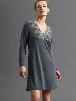 Edle Nachthemden^Fu00fcrstenberg Modal Langarm Nachtkleid ANTHRAZIT grau von Fürstenberg anthrazit grau melange mit Spitze