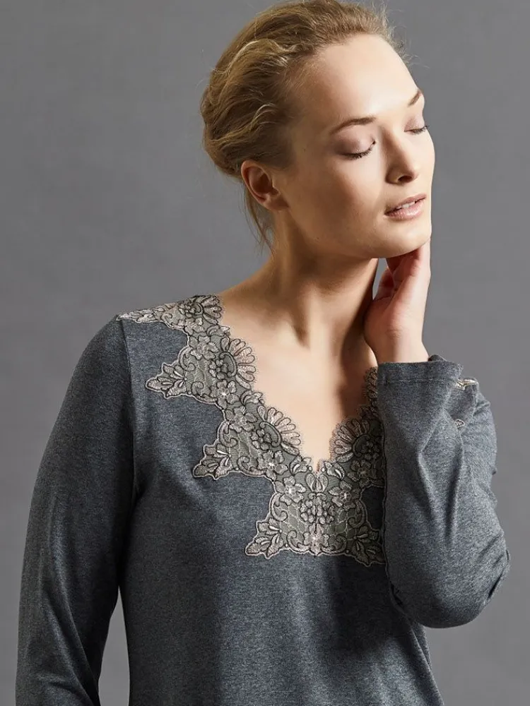 Edle Nachthemden^Fu00fcrstenberg Modal Langarm Nachtkleid ANTHRAZIT grau von Fürstenberg anthrazit grau melange mit Spitze