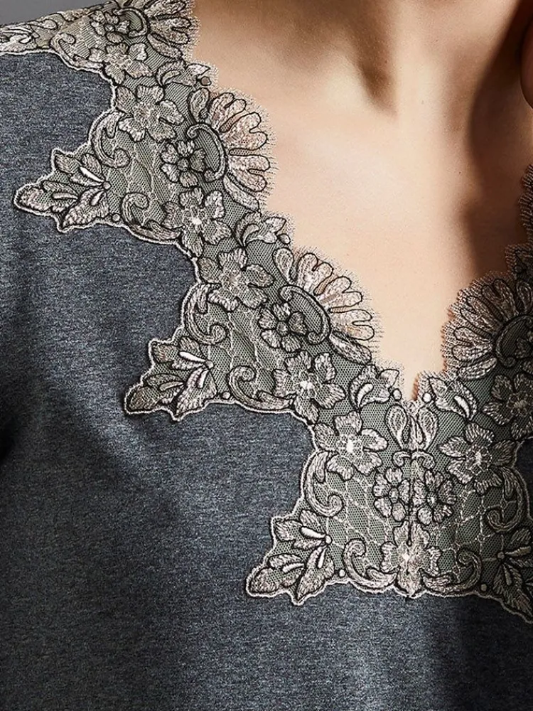 Edle Nachthemden^Fu00fcrstenberg Modal Langarm Nachtkleid ANTHRAZIT grau von Fürstenberg anthrazit grau melange mit Spitze