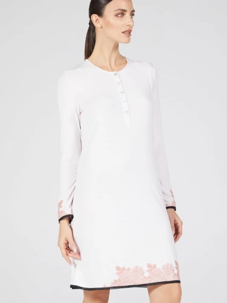 Edle Nachthemden^Verdiani Modal Langarm Nachtkleid ANGEL No. 2 zart-rosé von pudriges zartrosa mit rosa und schwarz