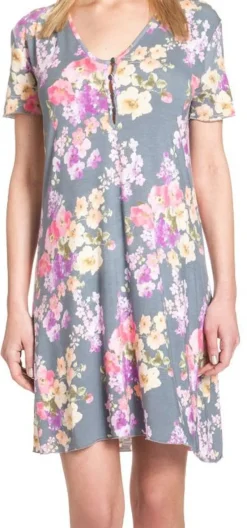 Strandkleider & Sommerkleider|Freizeit- & Reisekleidung^Gattina Modal Nachthemd AMANPURI mit Blumen von anthrazit-grau mit rosa-flieder Blumendruck