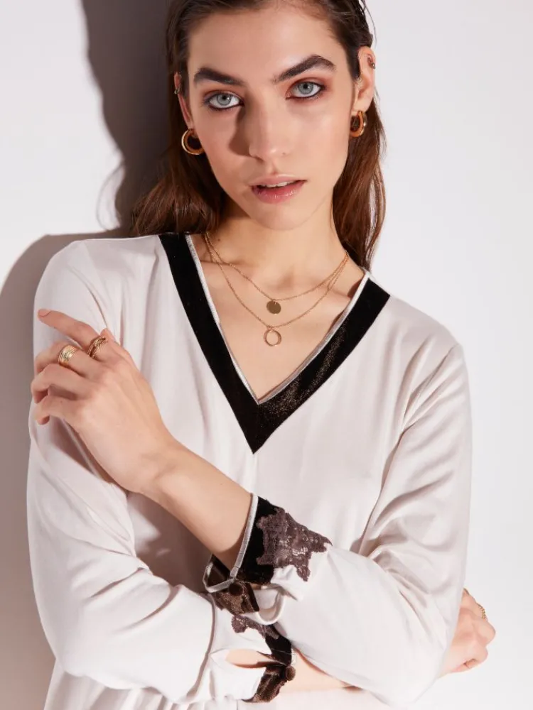 Edle Nachthemden^Chiara Fiorini Modal Nachthemd CORDA zartbeige Langarm von hellbeige