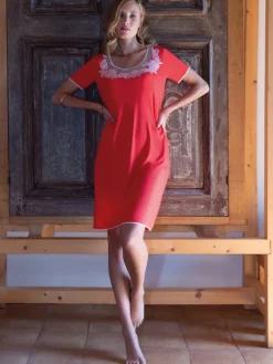 Edle Nachthemden^Chiara Fiorini Modal Nachthemd kurz SUMMER ROSSO No. 3 korallenrot von korallen-rot mit creme-weiß