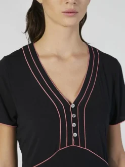 Edle Nachthemden^Verdiani Modal Nachtkleid knielang schwarz-pink von schwarz mit coral pinken Ziernähten