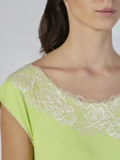 Edle Nachthemden^Verdiani Modal Nachtkleid mit Spitze knielang KIWI grün von kiwi grün mit creme farbener Spitze