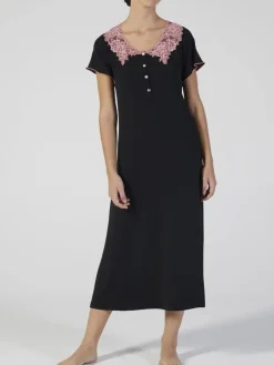 Edle Nachthemden^Verdiani Modal Nachtkleid mit Spitze wadenlang schwarz-rosa von schwarz mit coral rosa Spitze
