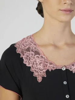 Edle Nachthemden^Verdiani Modal Nachtkleid mit Spitze wadenlang schwarz-rosa von schwarz mit coral rosa Spitze