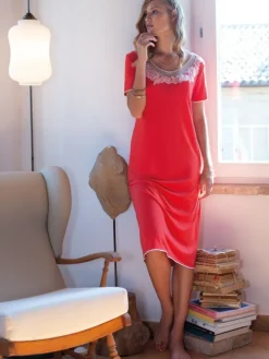 Edle Nachthemden^Chiara Fiorini Modal Nachtkleid SUMMER ROSSO No. 4 korallenrot von korallen-rot mit creme-weiß