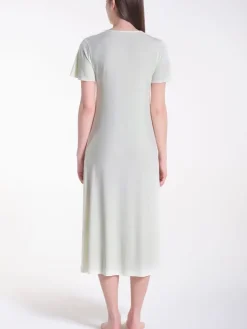 Edle Nachthemden^Verdiani Modal Nachtkleid wadenlang GERMOGLIO No. 1 zartgrün von zartgrün mit rosa Spitze