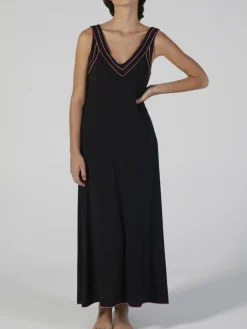 Edle Nachthemden|Alle Negligés^Verdiani Modal Neglige lang schwarz-pink von schwarz mit coral pinken Ziernähten