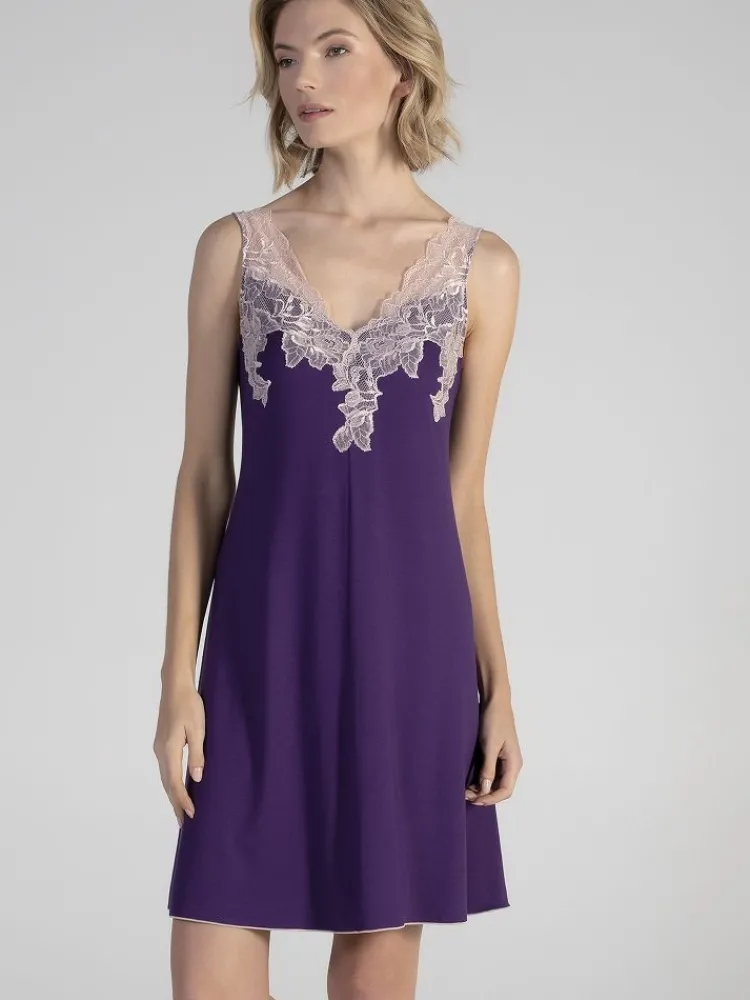 Edle Nachthemden|Alle Negligés^Verdiani Modal Neglige VIOLET in lila von lila mit rosa Spitze