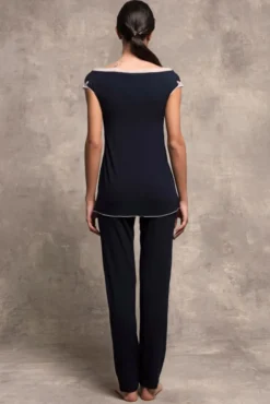 Feine Pyjamas^Paladini Modal Pyjama POMPELMO in blau mit Spitze von dunkelblau mit grau