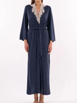 Exquisite Morgenmäntel|Morgenmantel Lang^Verdiani Modal 3/4-Ärmel Morgenmantel wadenlang blau-rose von blau mit rosefarbener Spitze