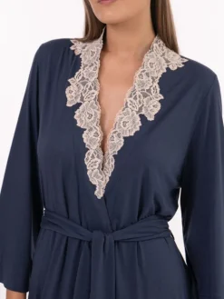 Exquisite Morgenmäntel|Morgenmantel Lang^Verdiani Modal 3/4-Ärmel Morgenmantel wadenlang blau-rose von blau mit rosefarbener Spitze