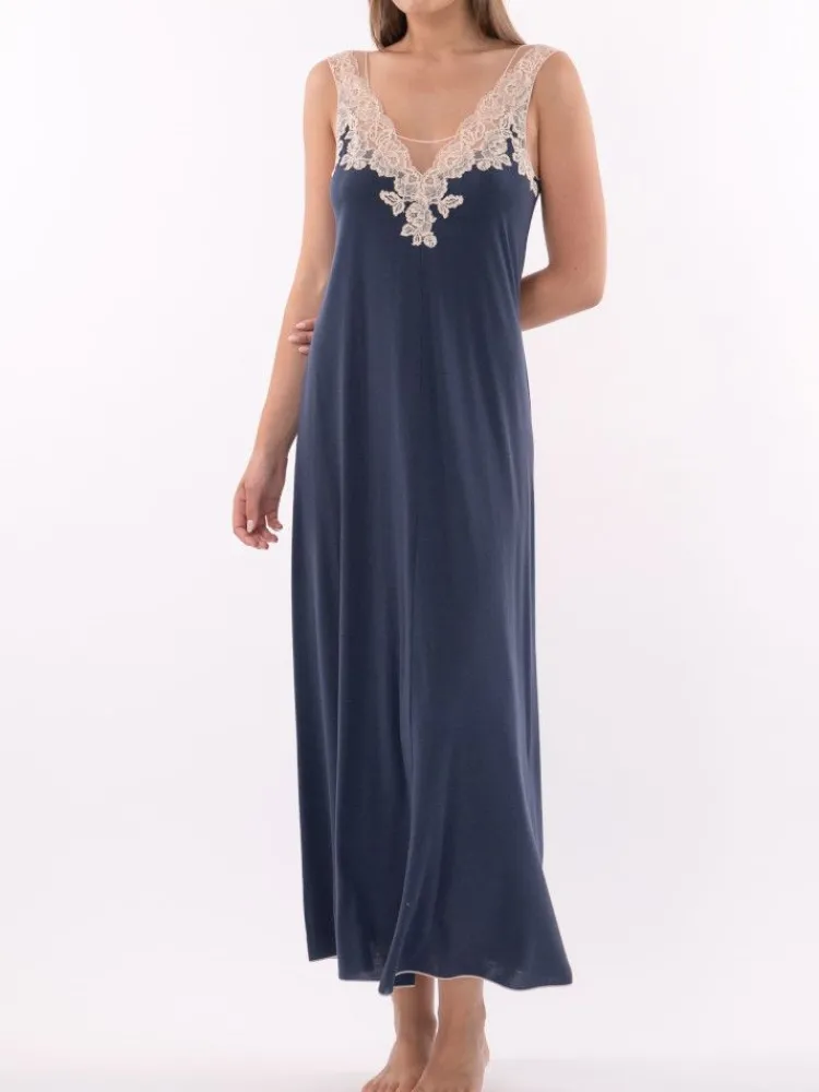 Edle Nachthemden^Verdiani Modal Träger Nachtkleid blau-rose mit Spitze von blau mit rosefarbener Spitze