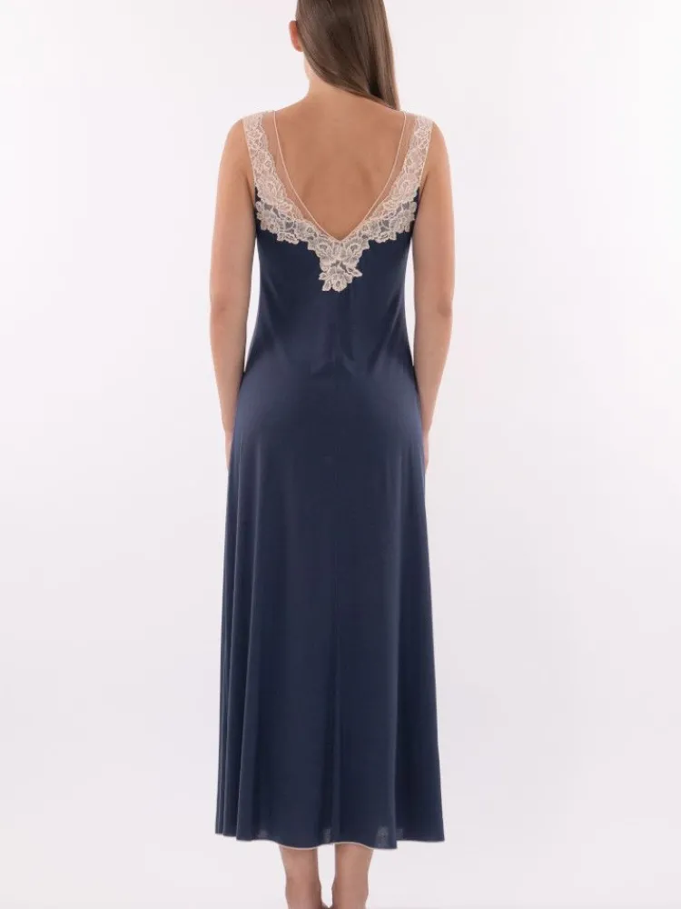 Edle Nachthemden^Verdiani Modal Träger Nachtkleid blau-rose mit Spitze von blau mit rosefarbener Spitze