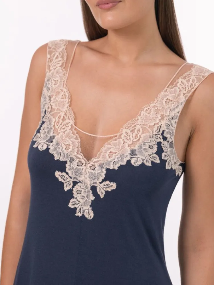 Edle Nachthemden^Verdiani Modal Träger Nachtkleid blau-rose mit Spitze von blau mit rosefarbener Spitze
