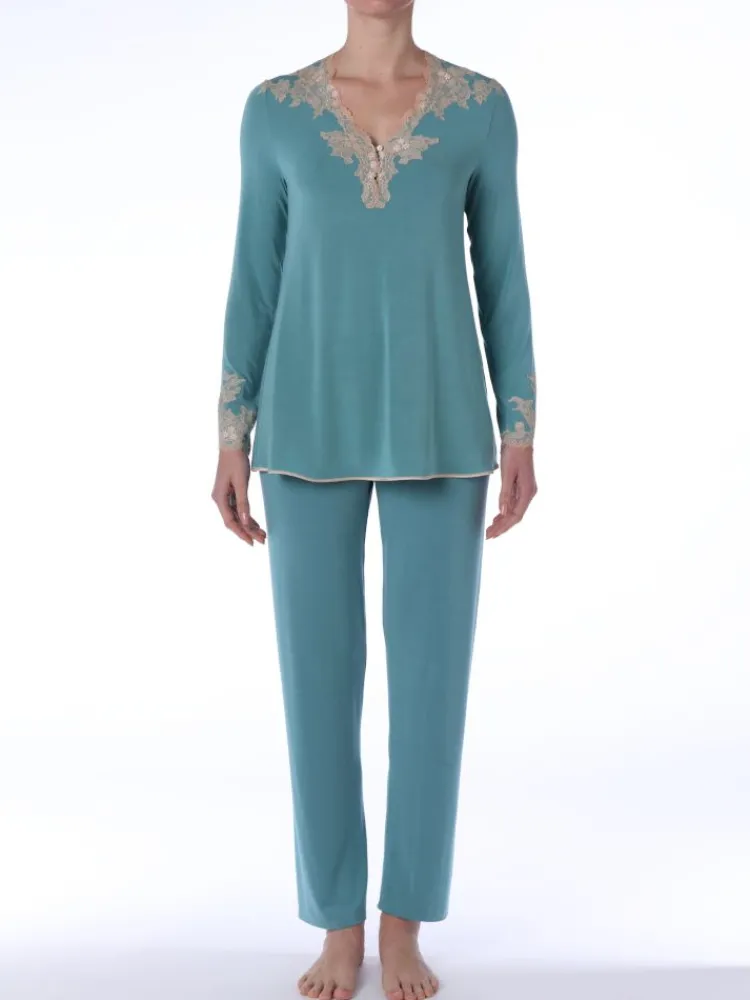 Feine Pyjamas^IMEC Modalpyjama SOPHIE in jadegrün von jade mit cremefarbener Spitze