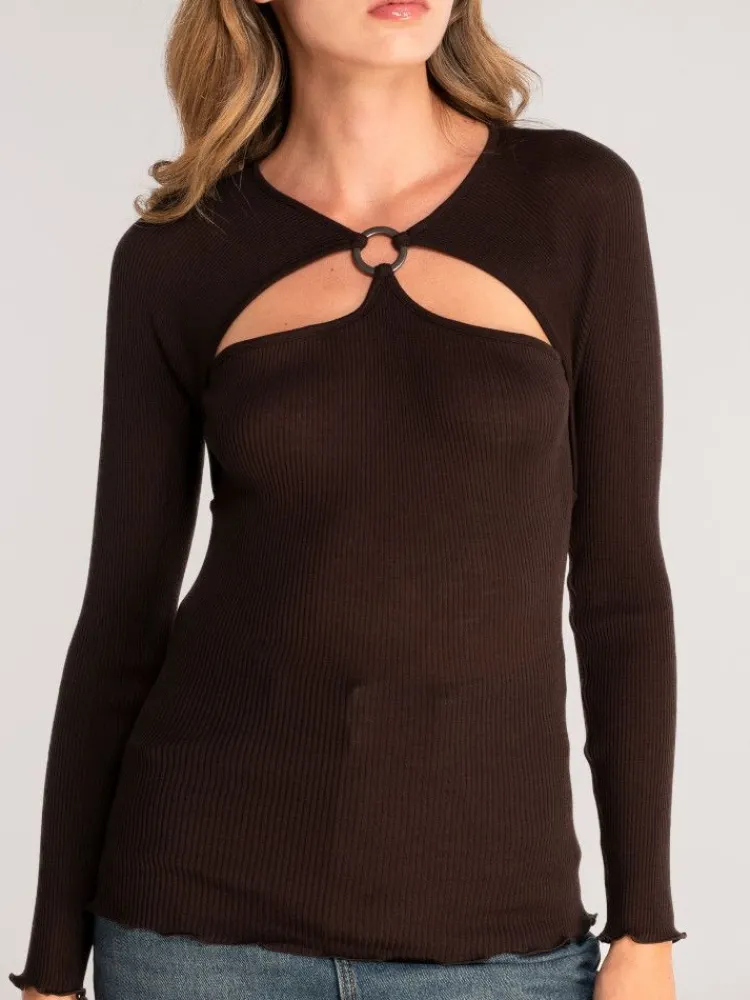 Shirt Mit Spitze|Wolle-Seide Shirts^Oscalito Modisches Wolle-Seide LANGARMSHIRT gerippt in von schokobraun