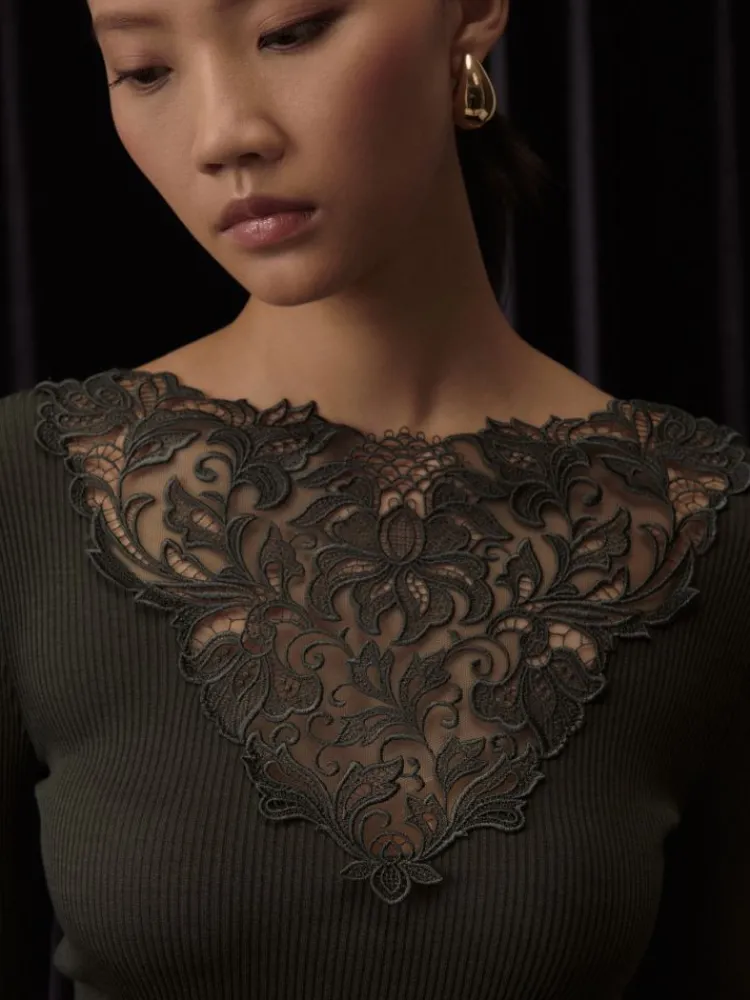 Shirt Mit Spitze|Wolle-Seide Shirts^Oscalito Moosgrünes Wolle-Seide Langarmshirt mit Blumenspitze von in moosgrün