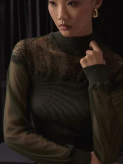 Shirt Mit Spitze|Wolle-Seide Shirts^Oscalito Moosgrünes Wolle-Seide Rippjersey LANGARMSHIRT mit Tüllärmeln von in moosgrün