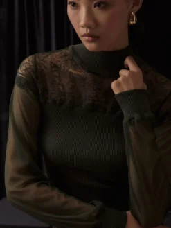 Shirt Mit Spitze|Wolle-Seide Shirts^Oscalito Moosgrünes Wolle-Seide Rippjersey LANGARMSHIRT mit Tüllärmeln von in moosgrün