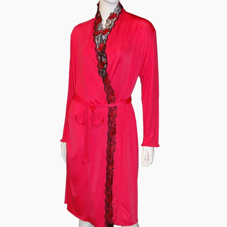 Morgenmantel Kurz|Morgenmantel Mit Seide^Gattina Morgenmantel aus Seidenmix SAMUI von schwarz oder rot mit schwarz-roter Spitze