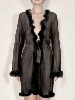 Morgenmantel Kurz^Escora Morgenmantel mit Federn MARILYN von schwarz