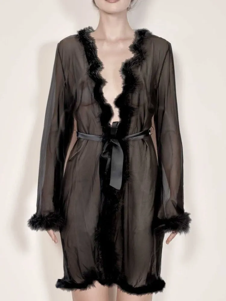 Morgenmantel Kurz^Escora Morgenmantel mit Federn MARILYN von schwarz