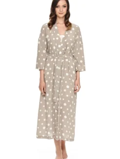 Lounge-Wear|Exquisite Morgenmäntel^Gattina Morgenmantel vegan BJÖRK Cupro mit Viscose von taupe mit champagnerfarbenen Punkten