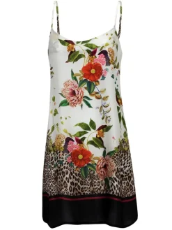 Seidennachthemd^Eva B. Bitzer Nachthemd 100% Seide VILLA FLORA creme-bunt von cremeweiß und schwarz mit buntem Blumendruck