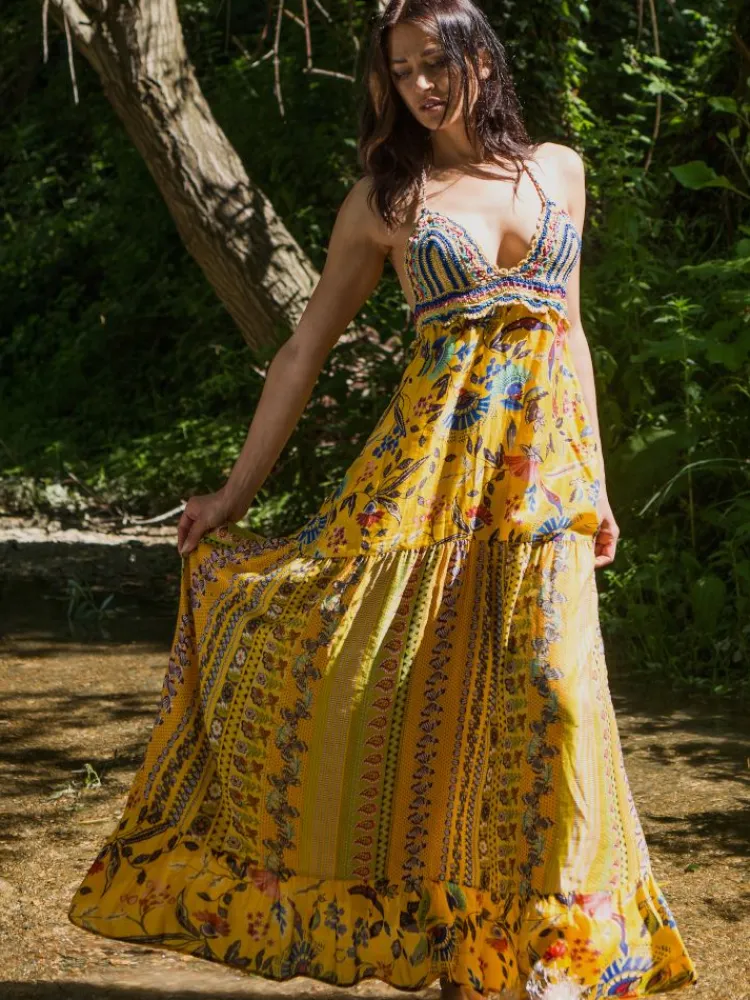 Strandkleider & Sommerkleider|Kleider^Laetitia Beachwear Neckholder Sommerkleid mit Seide ADELIA gelb von gelb-bunt mit Häkel Applikationen